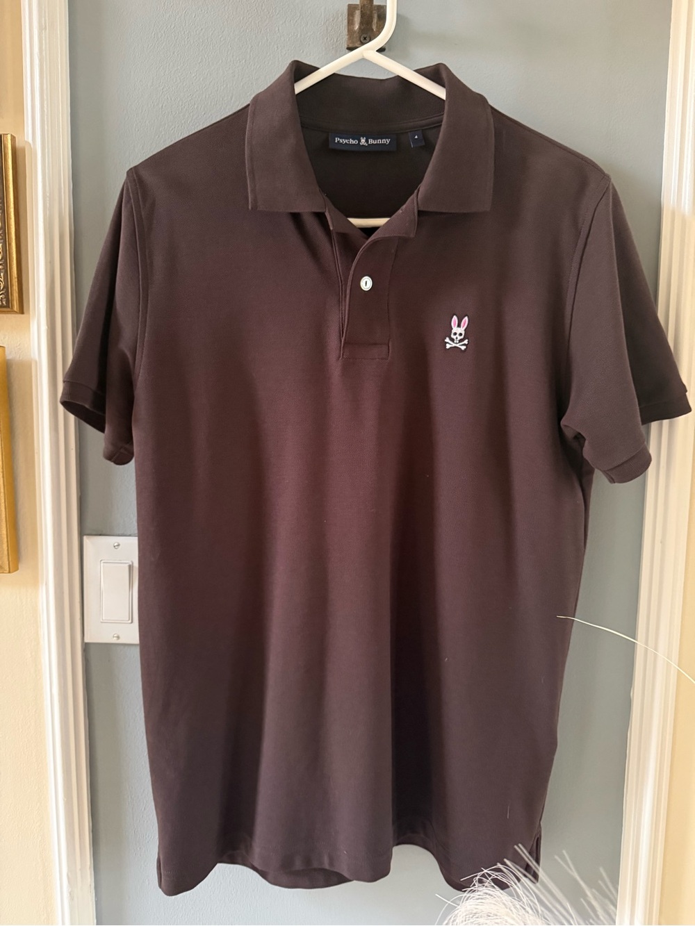 Psycho Bunny Men's Dark Brown Polo with Pink Bunny Logo size 4.
